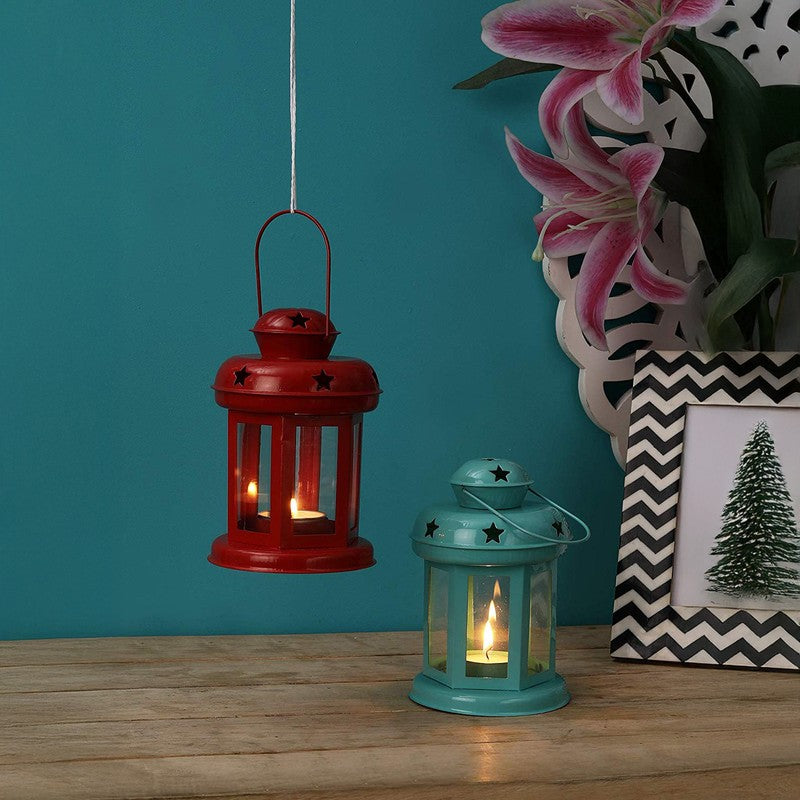 Vaira Lantern Tealight Candle Holder (Aqua Blue & Red) - Set Of Two media 3