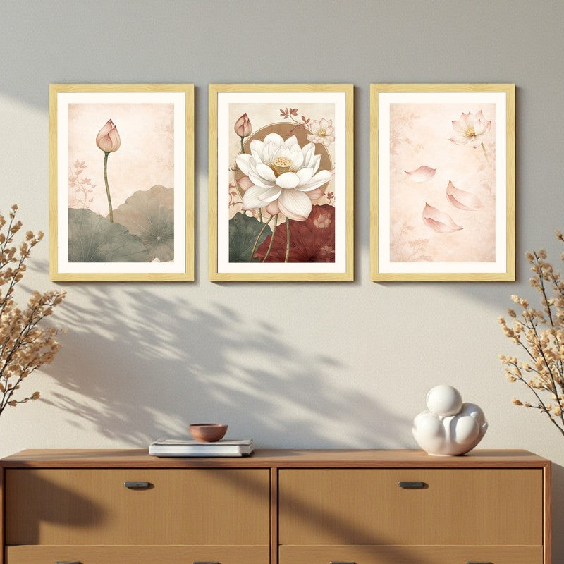 Blooming Lotus Paper Wall Painting With Frame - Set Of Three