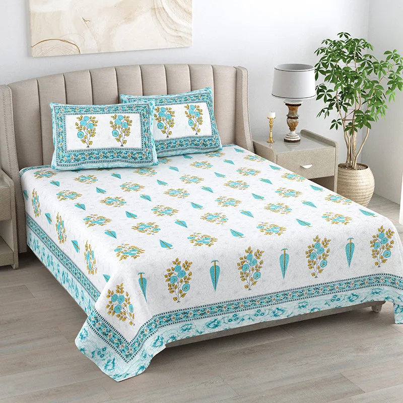 Floral Garden Cotton Bedsheet (Blue) - 144 TC media 1