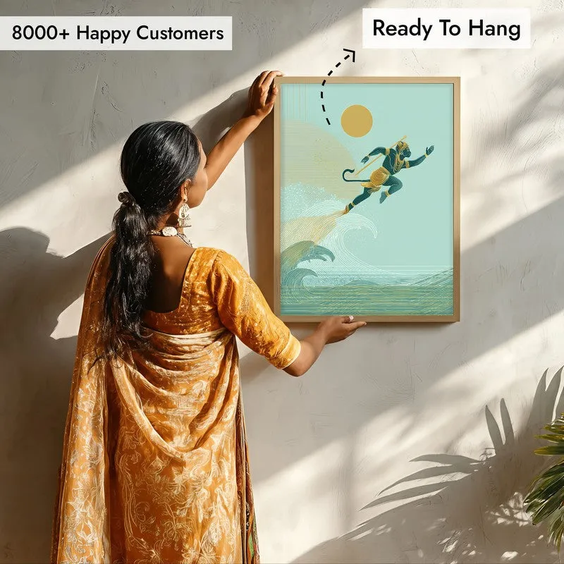 Shri Hanuman Ji Flying Archival Paper Wall Art - Natural Brown Frame media 7