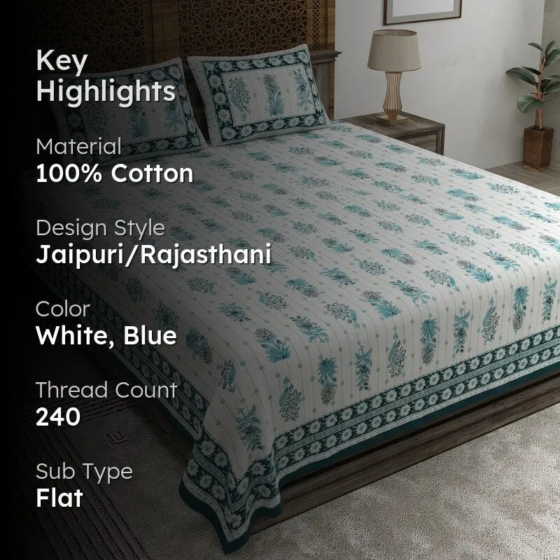 Heritagea Cotton Bedsheet (White,Teal) - 240 TC media 2