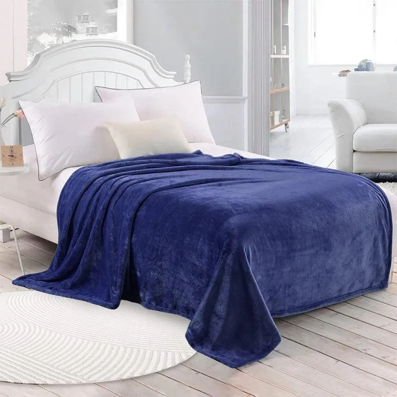 Sarva Solid Knitted Cotton Flannel Blanket (Dark Blue) - 190 GSM media 1