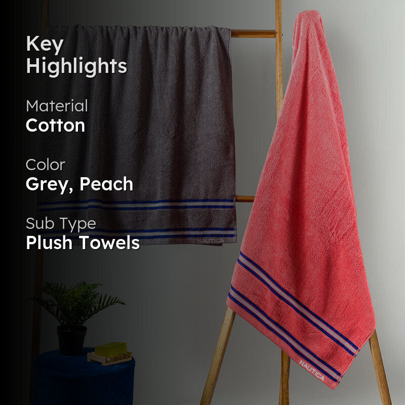 Nautica Dual Down Cotton Bath Towel (Grey & Coral) - Set Of Two media 2