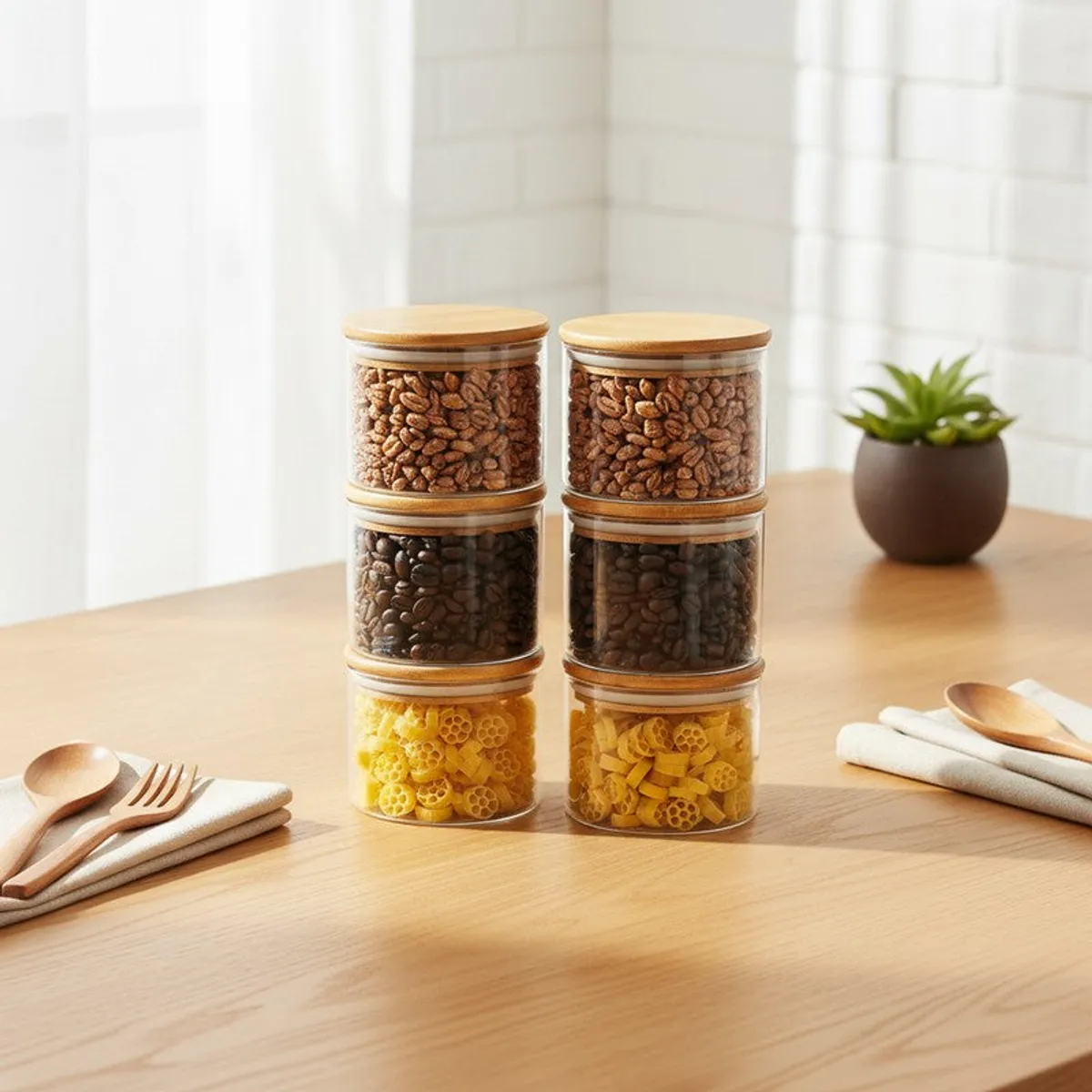 Six transparent storage jars with bamboo lids filled with dry foods on a kitchen counter
