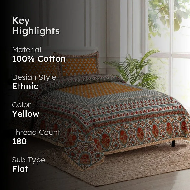 Trivona Regal Ethnic Cotton Bedsheet (Yellow) - 180 TC media 2