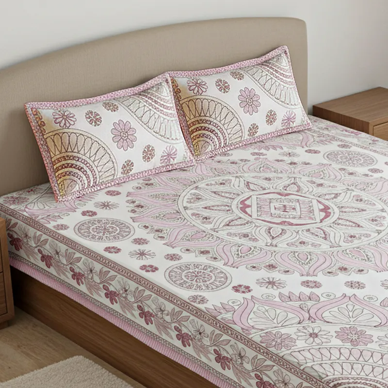 Kavya Mandala Ethnic Cotton Bedsheet (Pink,White) - 160 TC media 3
