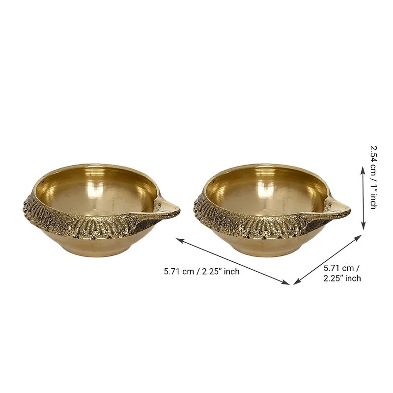 Two gold brass diyas shown on white with measurement arrows
