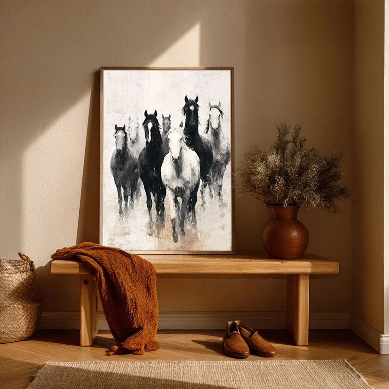 Charcoal Horse Stampede Wall Painting With Brown Frame media 6