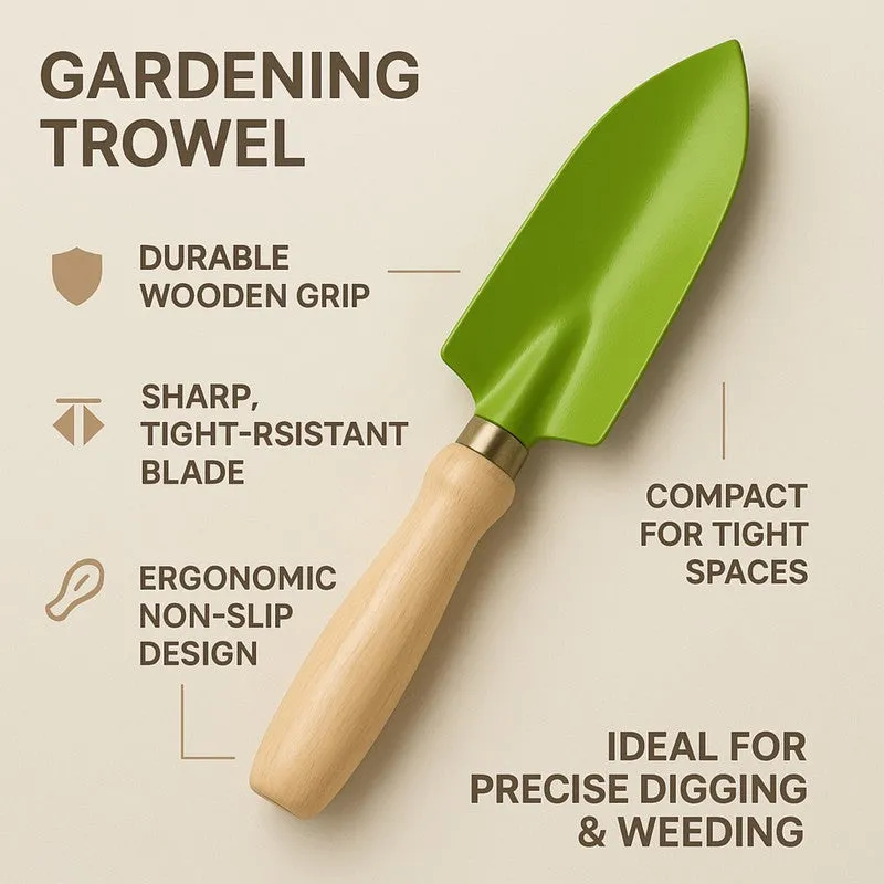 Green garden trowel with a wooden handle shown against a neutral background.