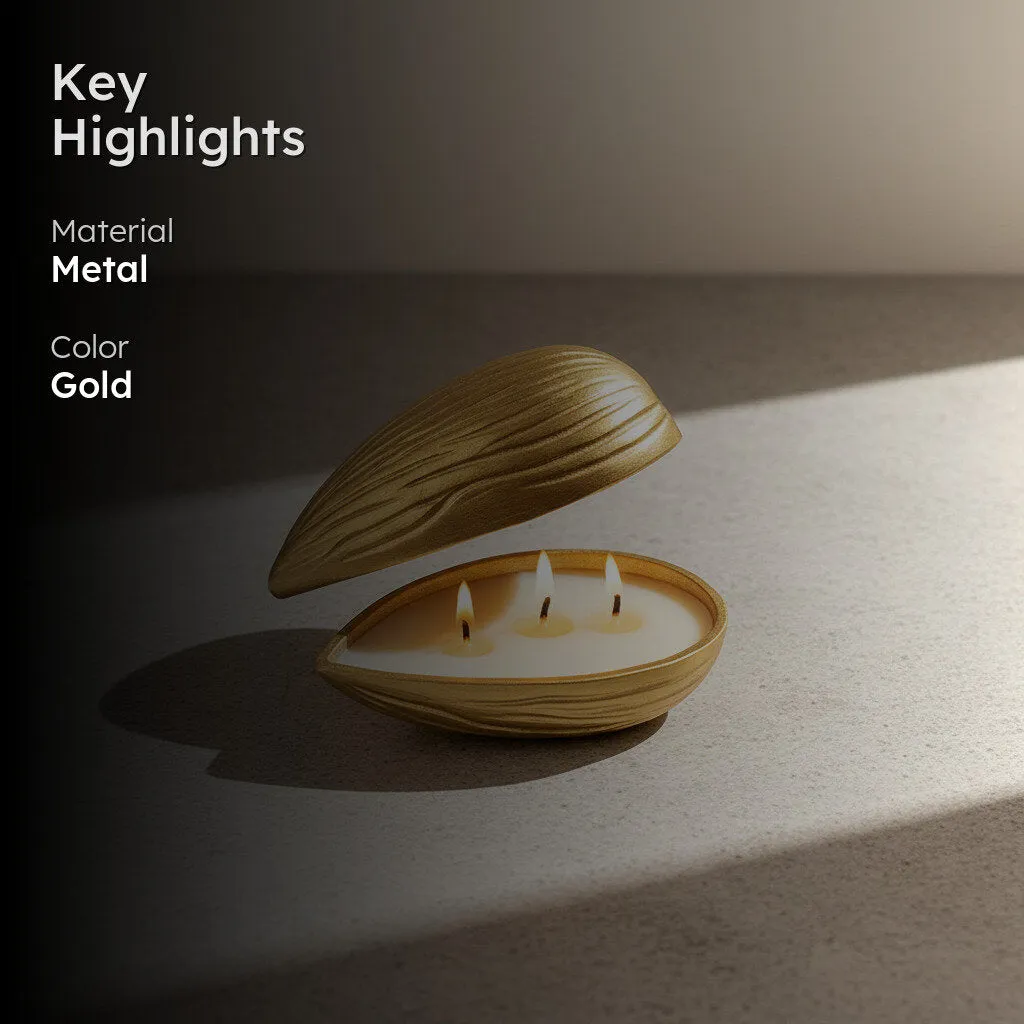 Golden almond-shaped candle with lid shown in a softly lit room