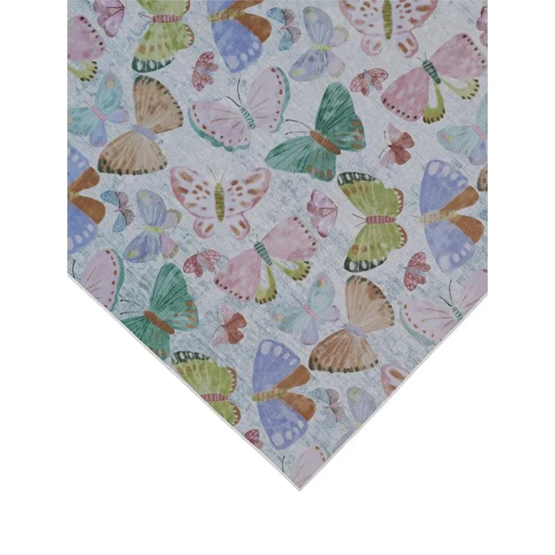 Corner view of pastel butterfly print rectangular carpet