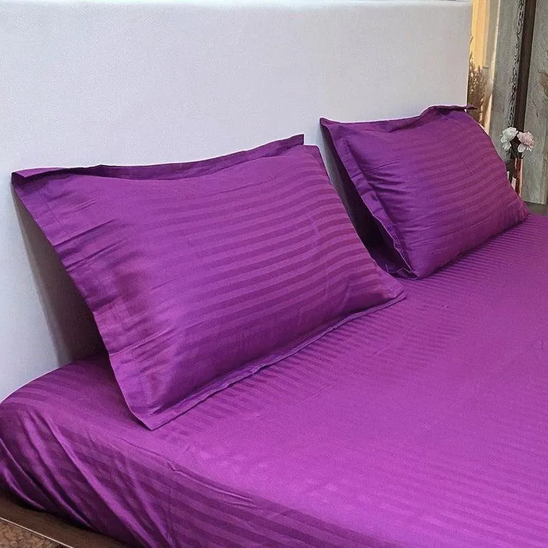 Le Coton Striped Solid Cotton Bedsheet (Violet) - 250 TC media 4