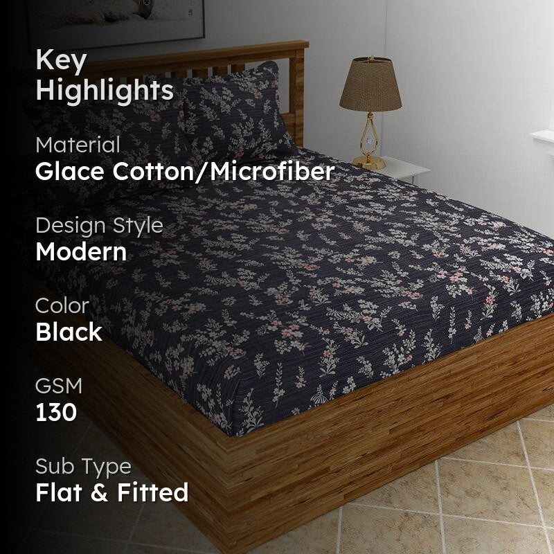 Gilma Floral Microfiber Bedsheet (Dark Grey) - 130 GSM media 2