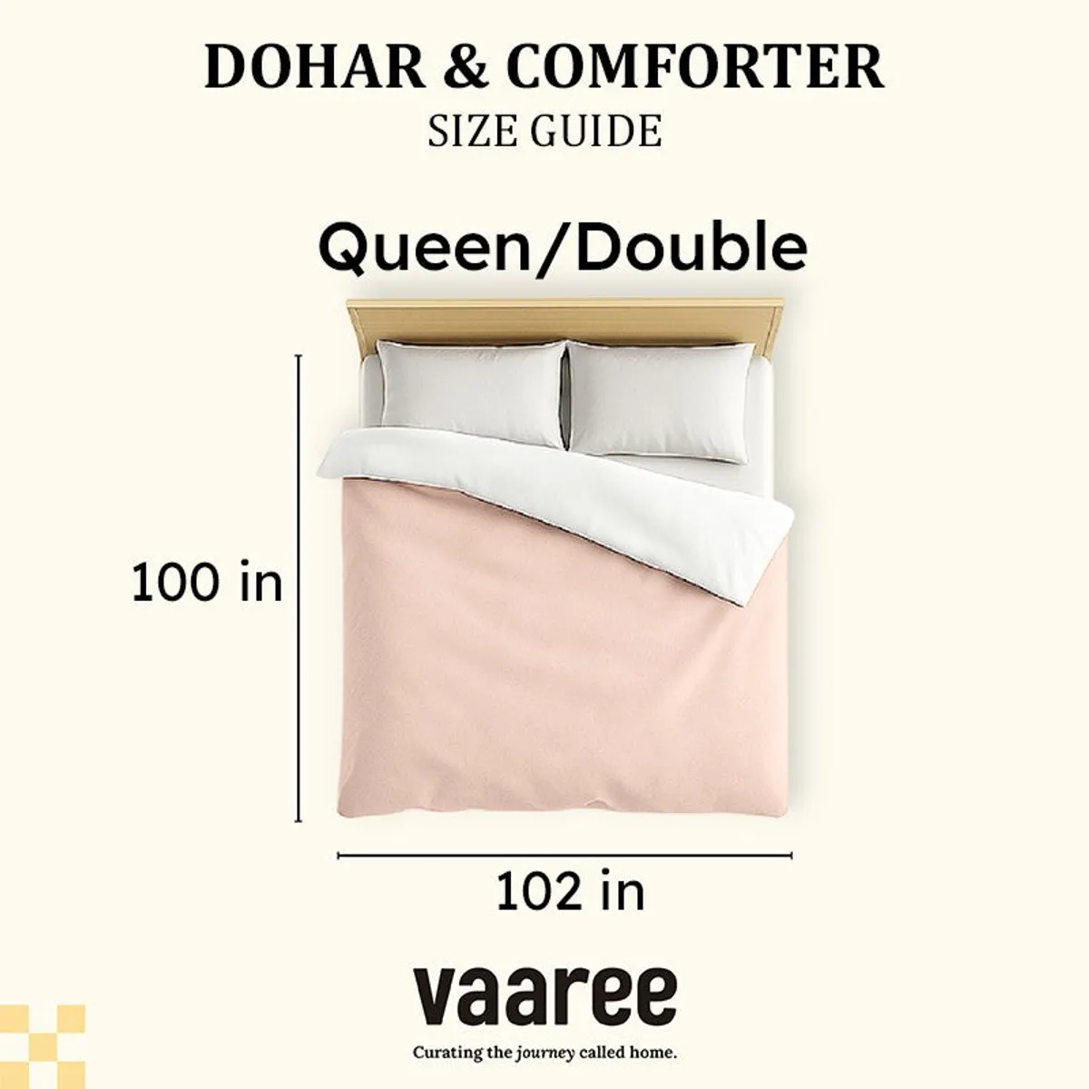 Queen/Double dohar size guide shown with a bed illustration
