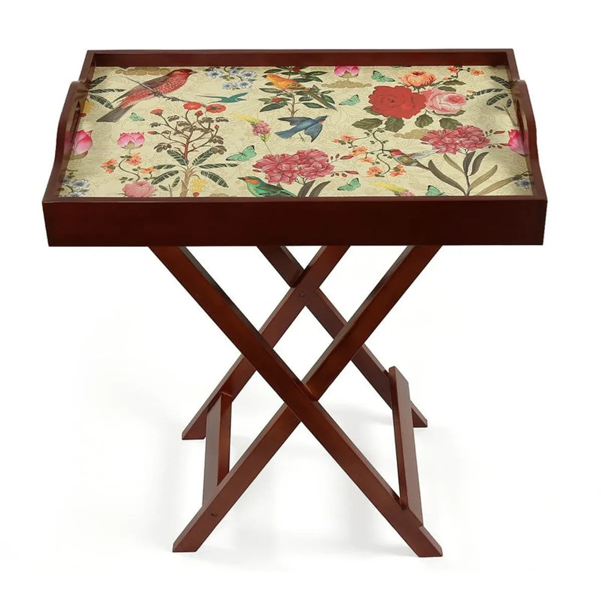 Front view of foldable rectangular table with floral and bird print and brown wooden frame