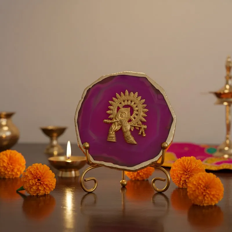 Radhe Krishna Bliss Agate Showpiece With Stand - Magenta media 1