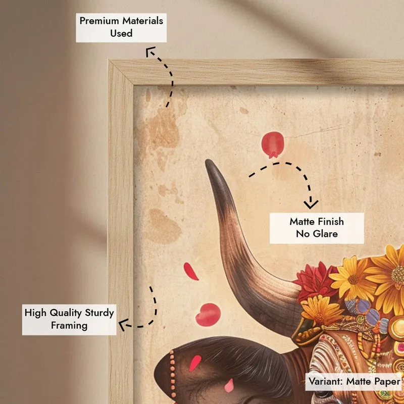 Divine Cow Traditional Canvas Wall Painting With Brown Frame media 10