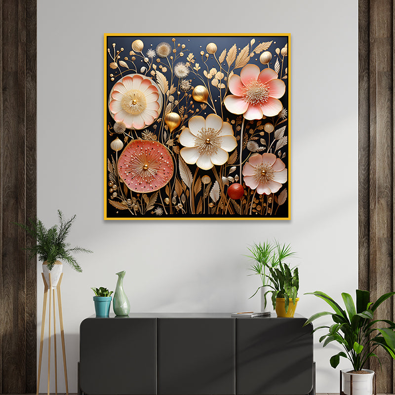 Blooms Of Night Canvas Wall Painting With Frame - Gold