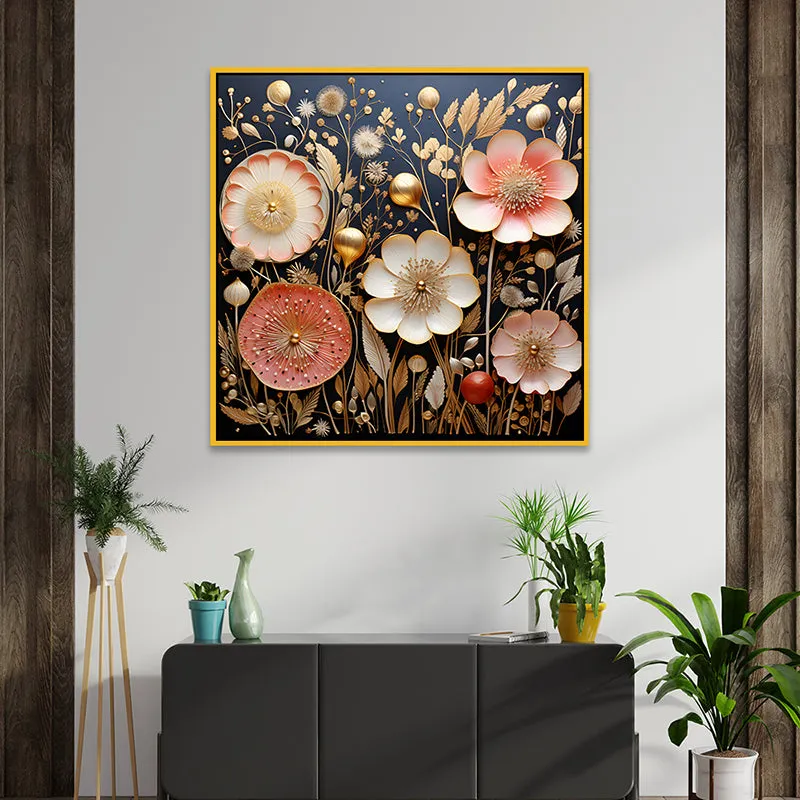 Blooms Of Night Canvas Wall Painting With Frame - Gold media 1