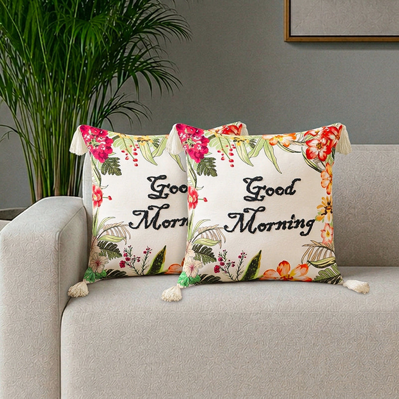 Poppy Plush "Good Morning" Embroidered Cotton Cushion Cover - Set Of Two - 18 x 18 Inches