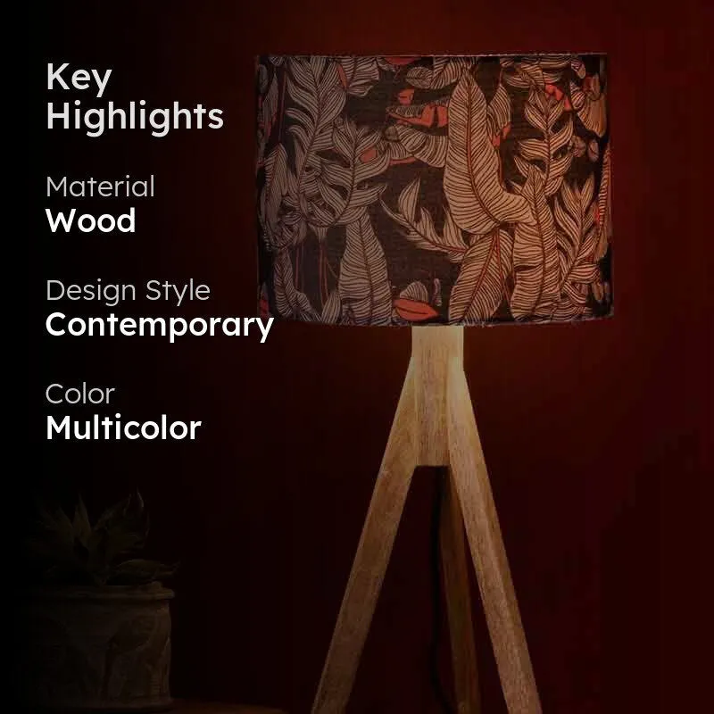 Tropical patterned wooden table lamp with highlight text overlay