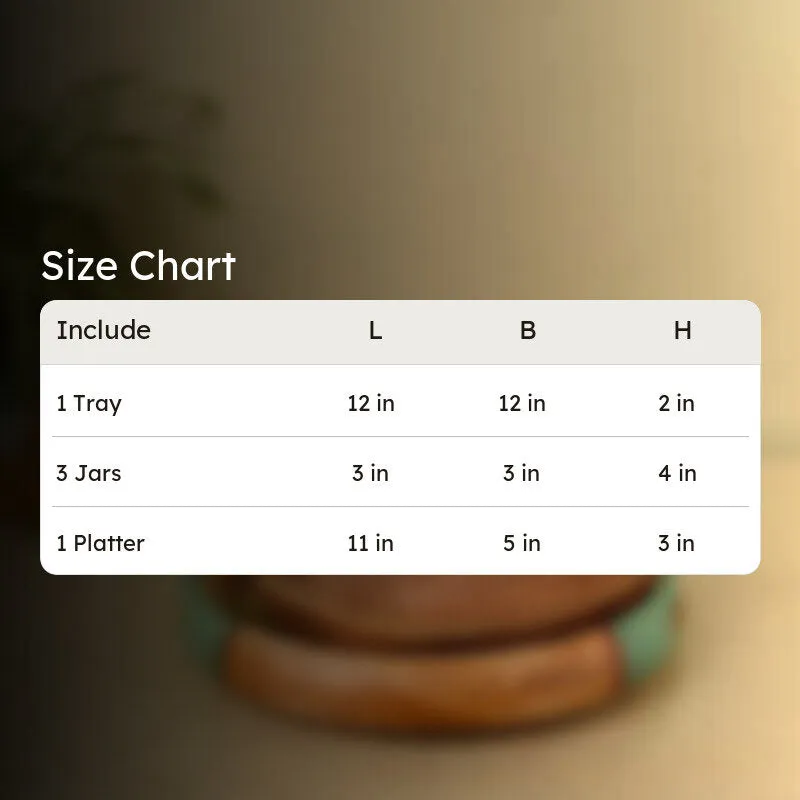 Product size-chart image showing three jars, one tray and one platter.