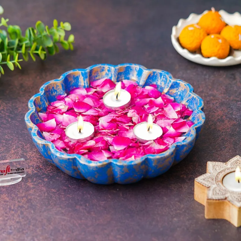 Handcrafted Floral Resin Urli - Blue media 5