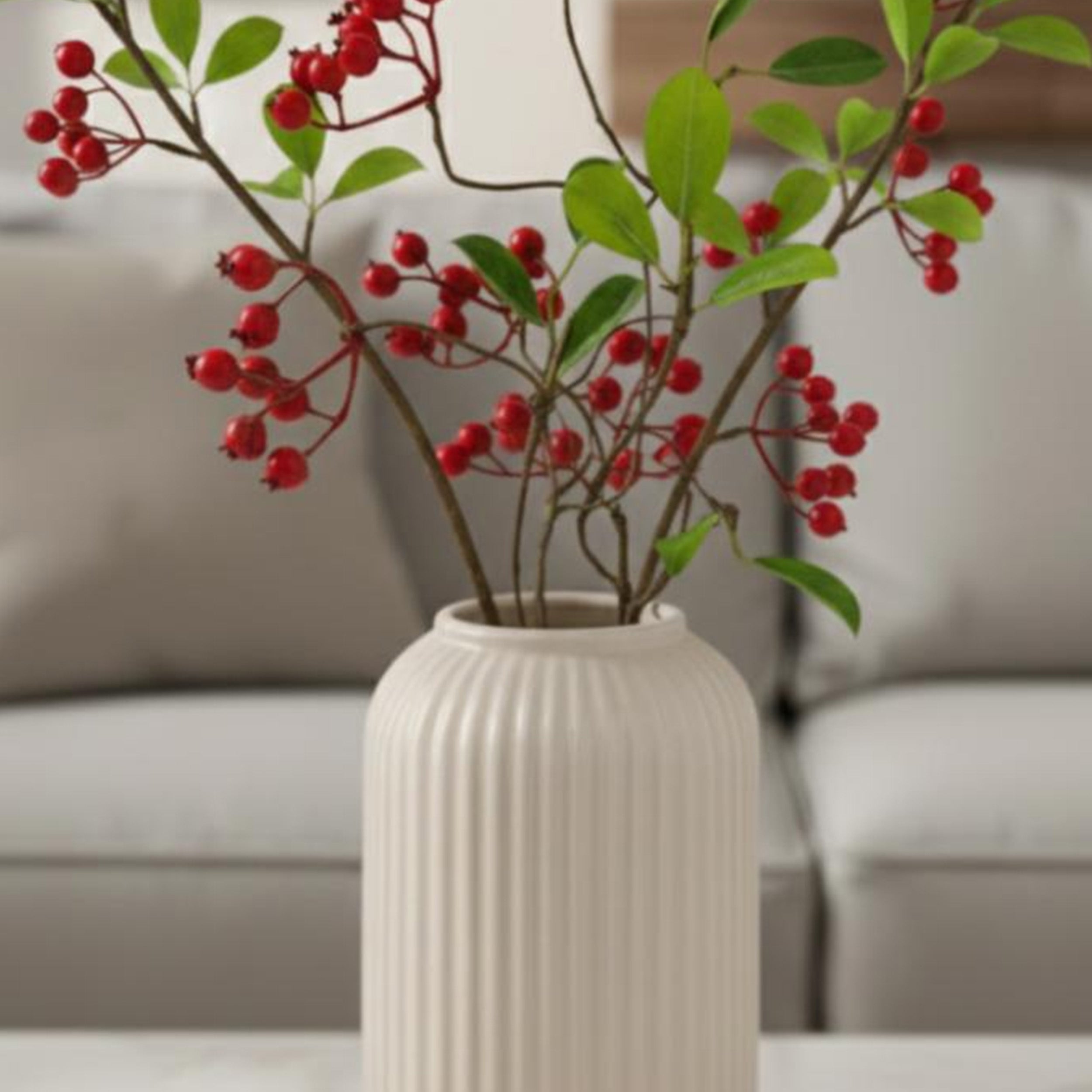Opulent Ribbed Ceramic Vase - Beige media 3