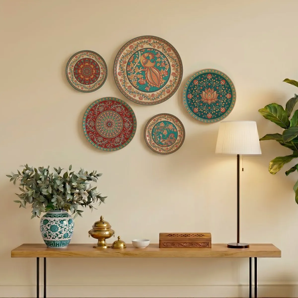 Set of five round multicolour wall plates with intricate Indian motifs displayed above a console