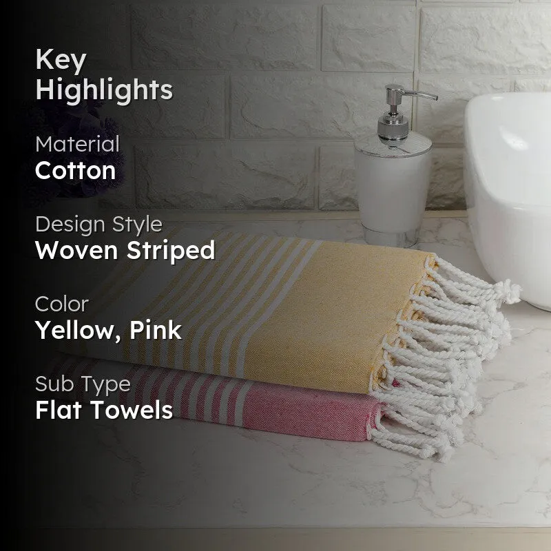 Loomera Striped Cotton Bath Towels (Yellow & Pink) - Set Of Two media 2