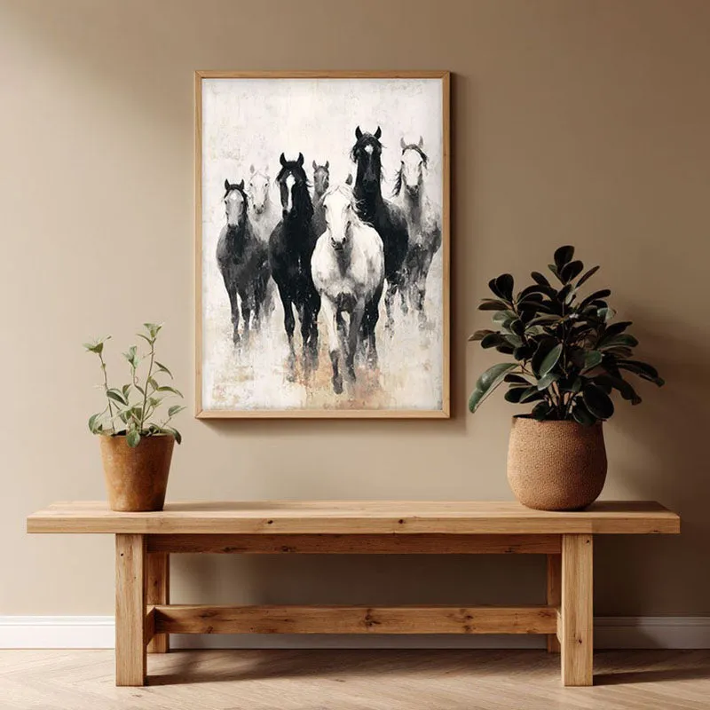 Charcoal Horse Stampede Wall Painting With Brown Frame media 1