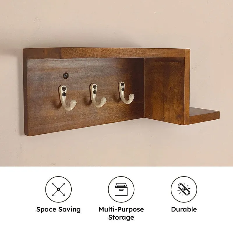 Front view of the brown wooden organiser with hooks and an open display shelf.