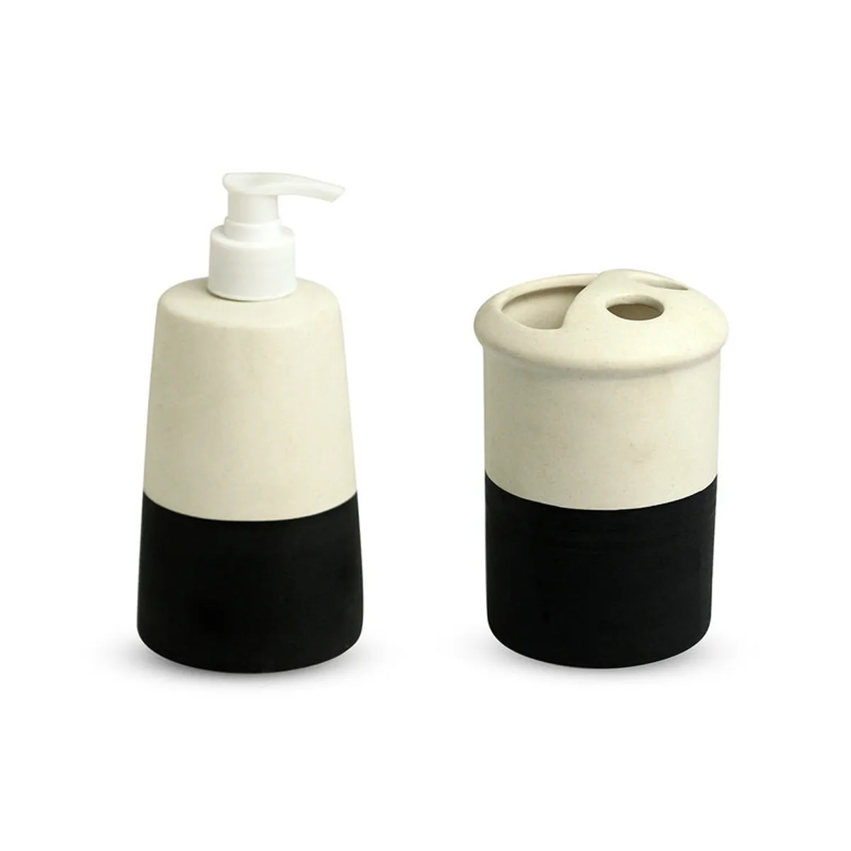 Two black-and-white ceramic bathroom accessories displayed against a white background
