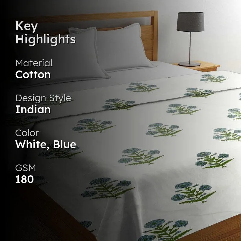 Tapas Floral Reversible Cotton Dohar (White & Blue) - 180 GSM media 2