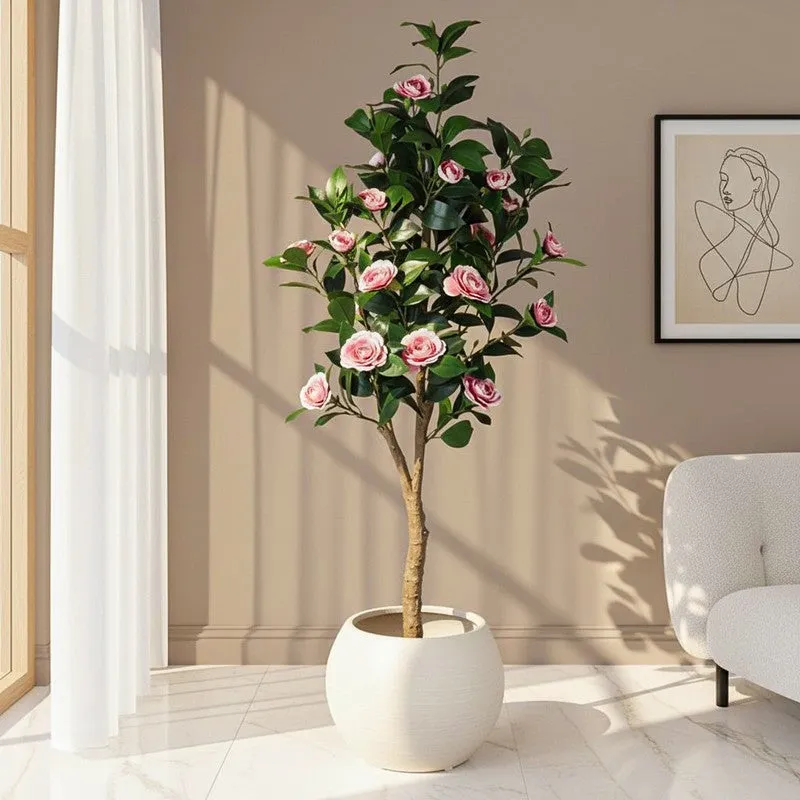 Faux Lush Mini Camellia Plant With Black Plastic Pot - Pink - 5 Feet media 1