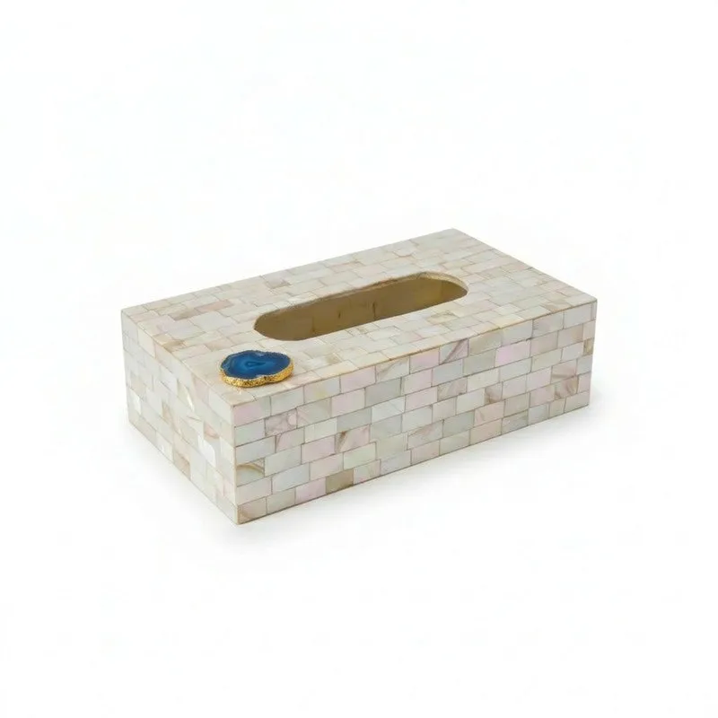 Suzzaine Handcrafted Mother Of Pearl & Agate Tissue Box - Blue & Beige media 3