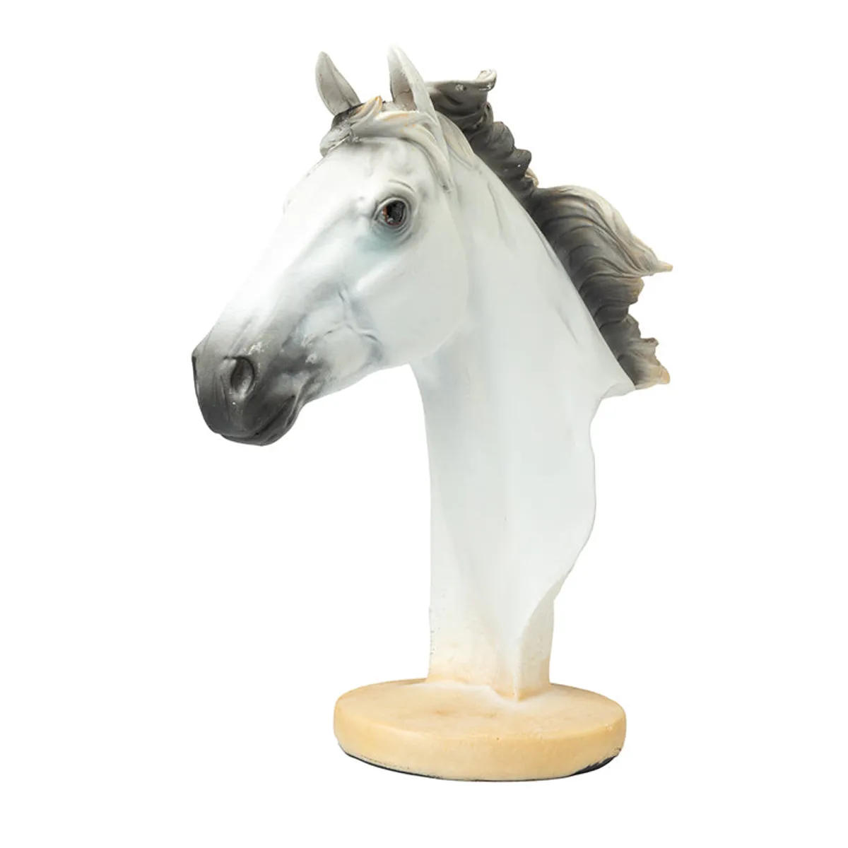 Front three-quarter view of a white horse head sculpture