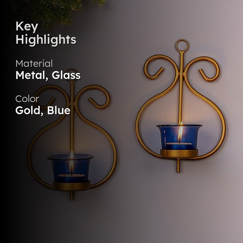 Seina Gold Frame Sconce Candle Holder (Blue) - Set Of Two media 2