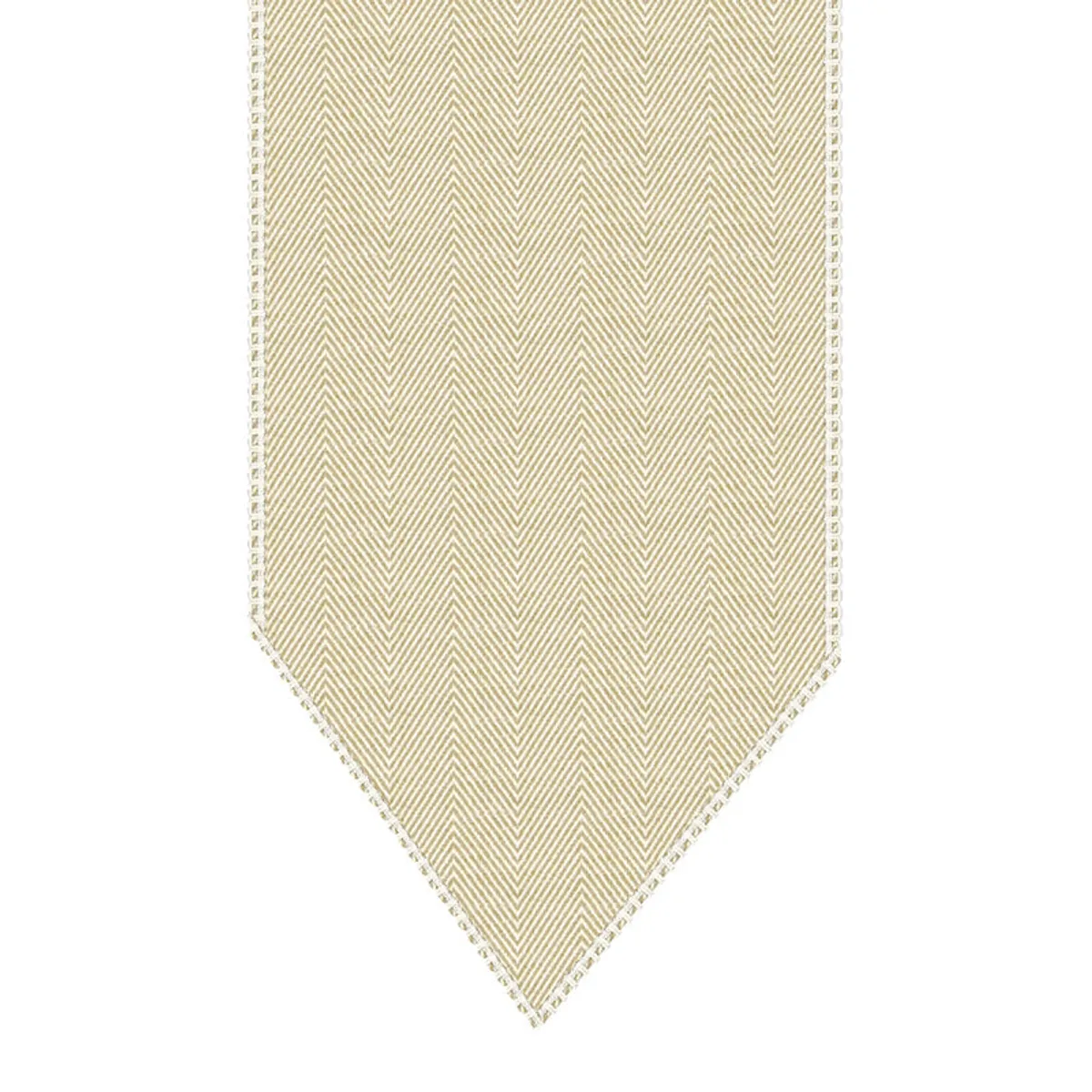 Detail view of the cream herringbone pattern and pointed lace-trimmed end