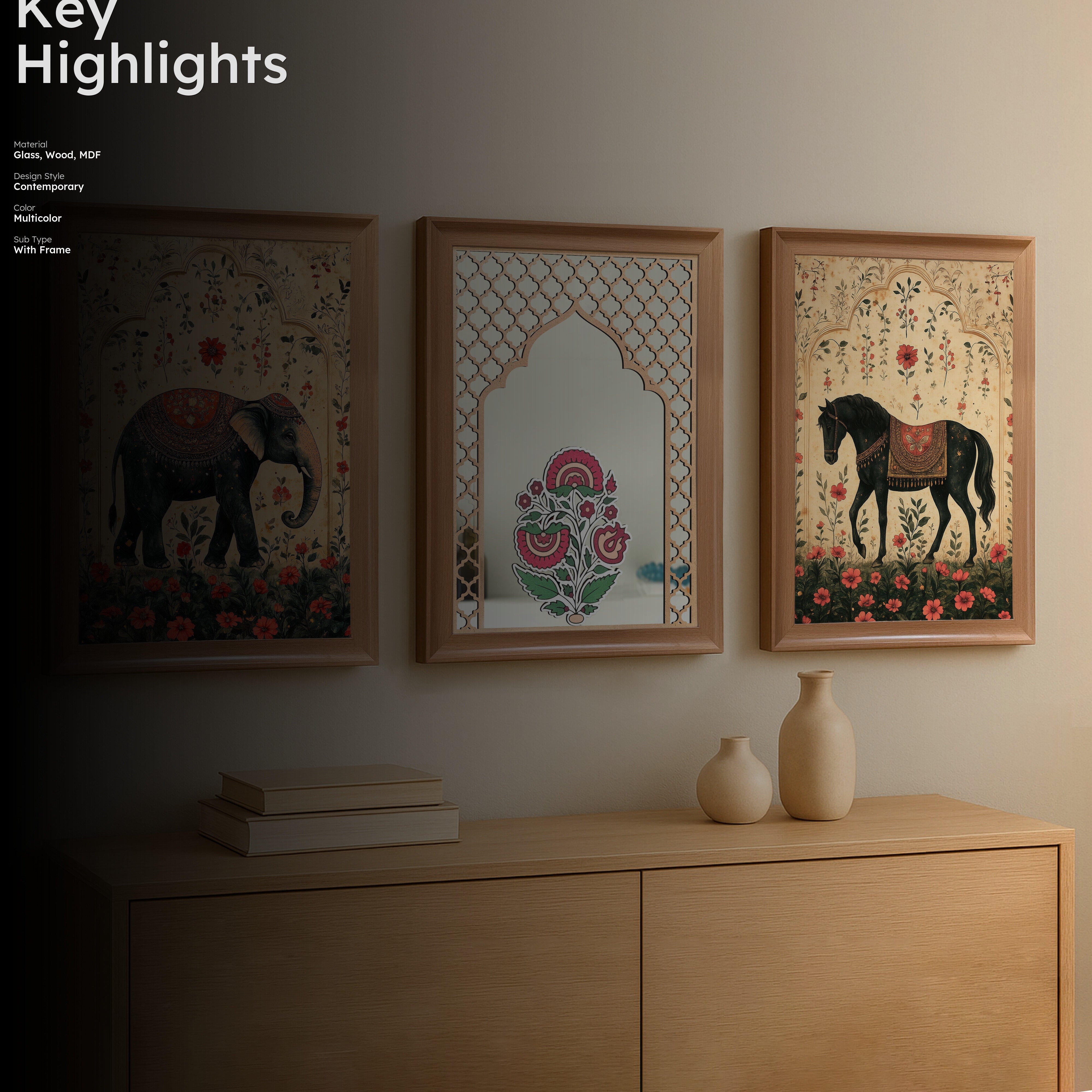 Traditional Mughal Motif Wall Painting With Mirror - Set Of Three media 2