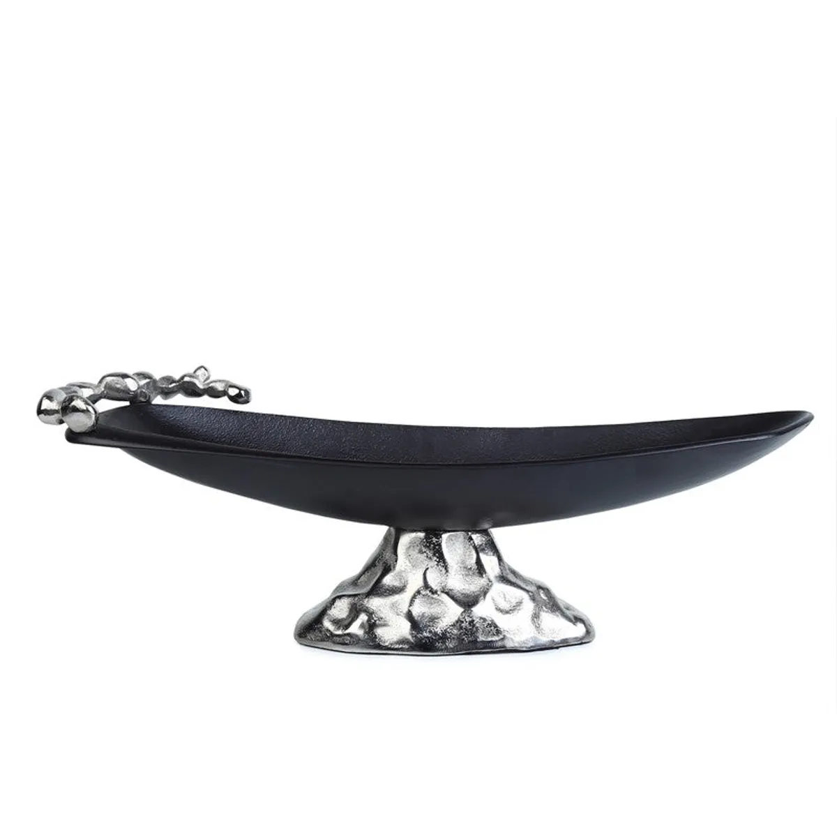 Front view of a long black fruit bowl on a silver pedestal base