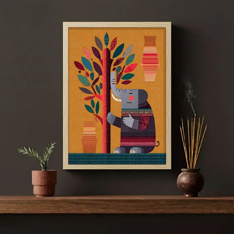 Playful Elephant Canvas Wall Painting With Brown Frame media 6