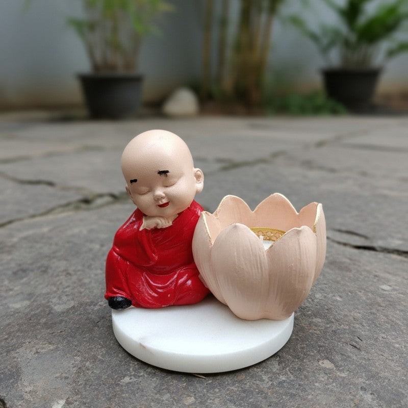 Buddha Monk Lotus Resin Tea Light Candle Holder - Red media 4