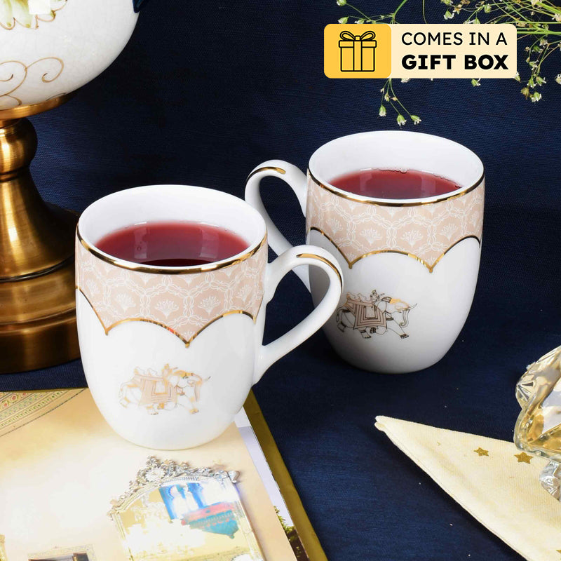 Gilded Legacy Coupe 24k Gold Brushed Porcelain Coffee Mug(280 mL Each/Peach) - Set Of Two - 280 ML