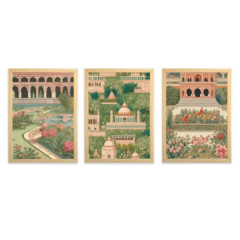 Gulshan-E-Mahal Mughal Paper Wall Art With Frame (Green) - Set Of Three media 4