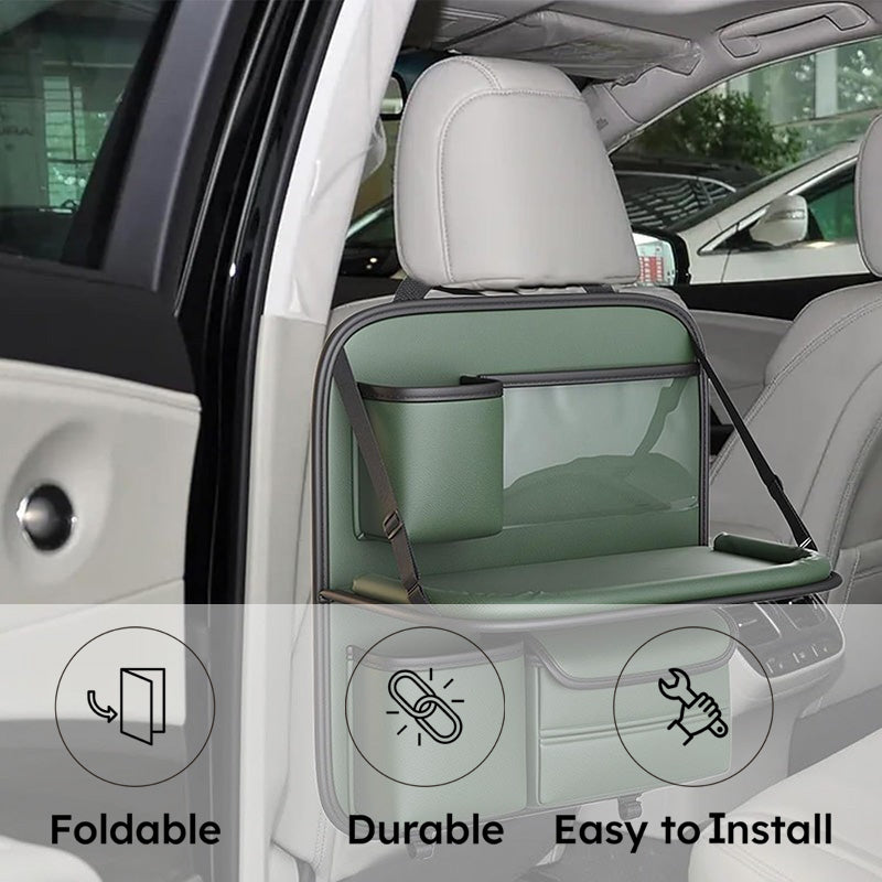 Sleek Seat Leather Car Seat Organizer With Foldable Tray - Green media 14