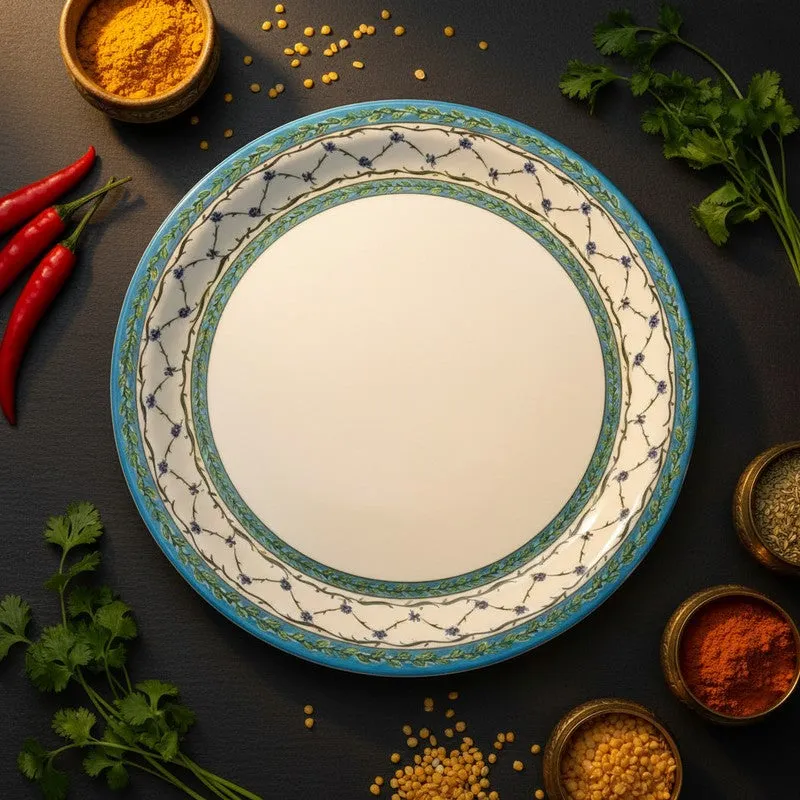 Blue and white patterned dinner plate styled with spices and herbs