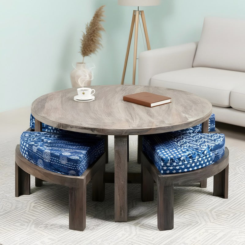 Jervon Sheesham Wooden Center Table with Stools and Cushions (Grey,Blue) - Nine Piece Set