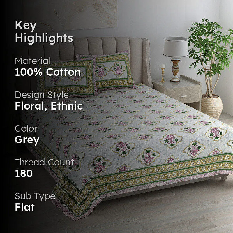 Ishani Cotton Bedsheet (Mustard, Pink) - 180 TC media 2