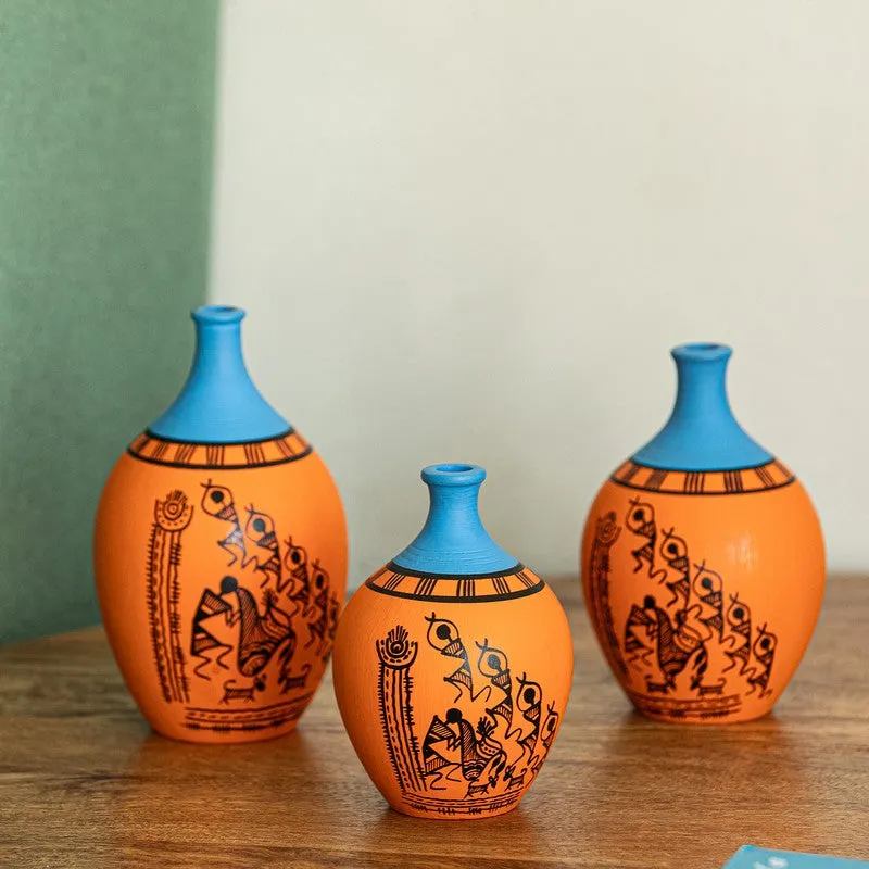 Warli Tales Vases - Set of 3 (Orange, Blue) media 1
